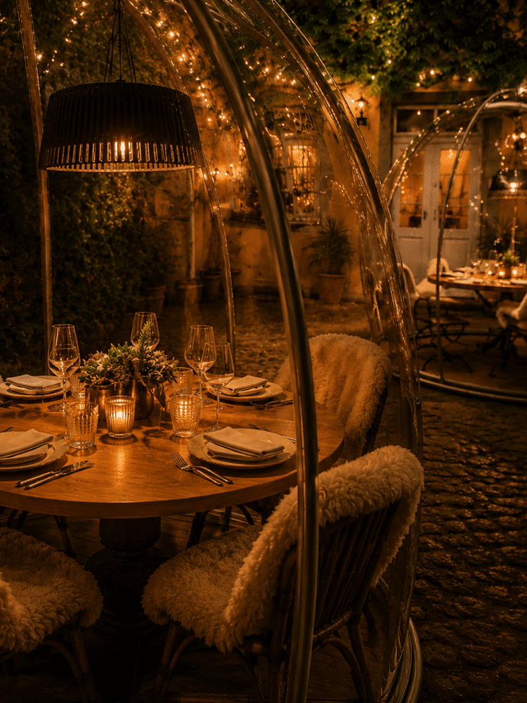 Private Raclette-Bubble mit winterlicher Beleuchtung im Klosterhof der Freiburger Altstadt