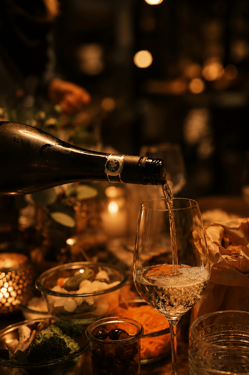 Weißwein wird beim gemeinsamen Raclette-Abend in den Raclette Bubbles eingeschenkt